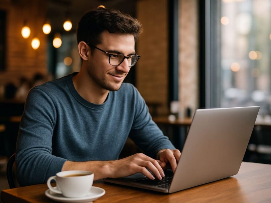 Person nutzt Laptop in einem Café bei Tageslicht
