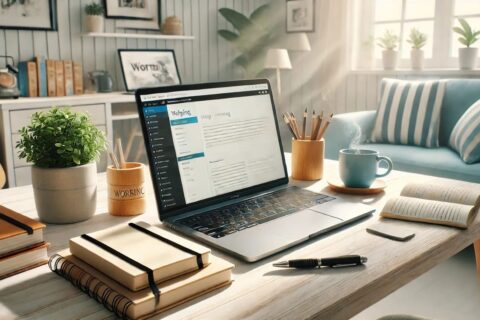 Gemütlicher Arbeitsplatz mit Laptop, der eine Blogging-Plattform zeigt, ideal für Blog erstellen.