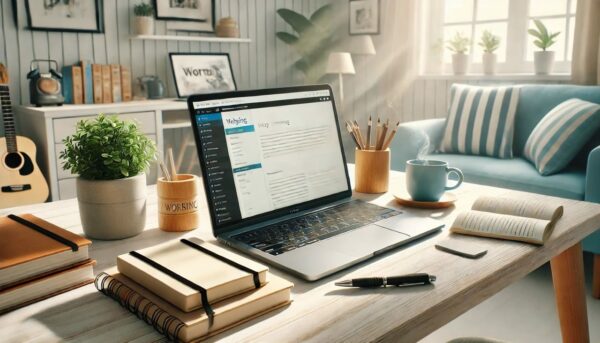 Arbeitsplatz mit Laptop und Blogging-Plattform – Blog erstellen leicht gemacht Gemütlicher Arbeitsplatz mit Laptop, der eine Blogging-Plattform zeigt, ideal für Blog erstellen.