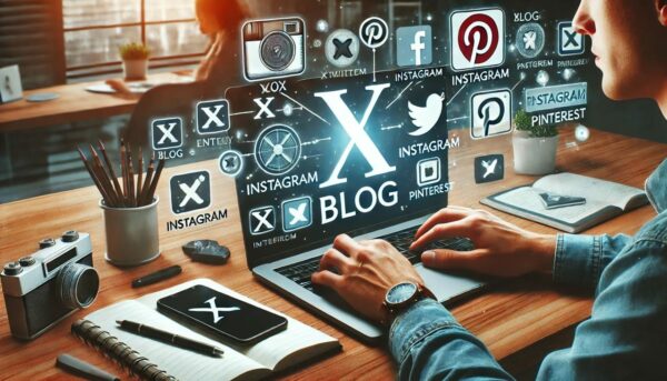 Blog-Beitrag auf Social Media teilen – Blog bekannt machen Person postet Blog-Beitrag auf Social-Media-Plattformen wie X, Instagram und Pinterest.