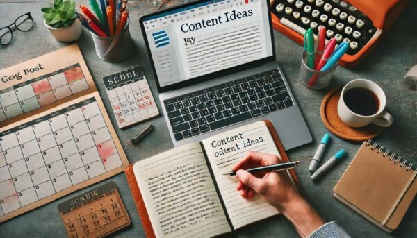 Content planen und erstellen – Blog-Beitrag wird verfasst Laptop mit Blog-Post und Notizbuch mit Content-Ideen, Person plant Inhalte.