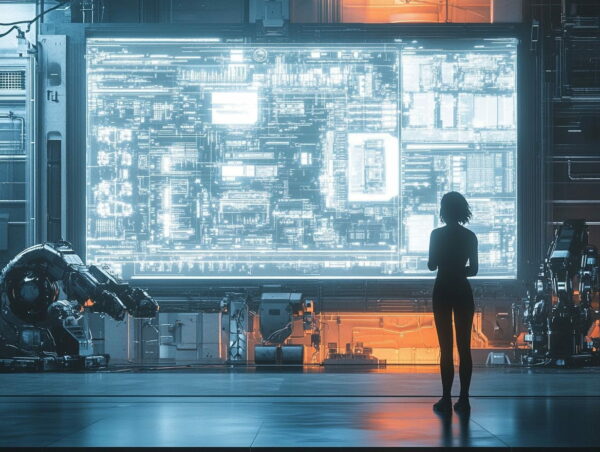 Herausforderungen und Risiken der Automatisierung: Nachdenklicher Mensch vor digitalen Prozessen Mensch betrachtet besorgt einen Bildschirm mit komplexen Daten und Roboterprozessen, symbolisch für die Herausforderungen und Risiken der Automatisierung.