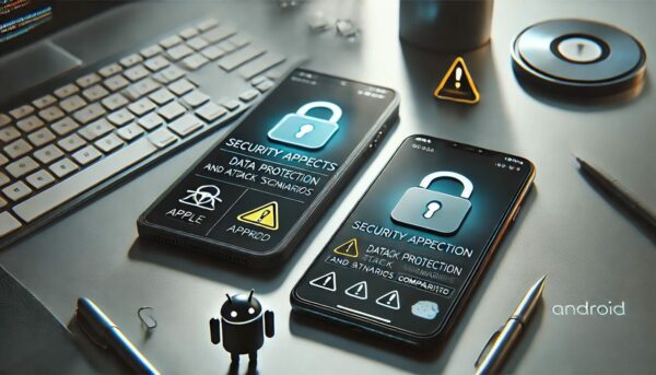 Apple vs. Android – Sicherheitsaspekte im Vergleich Apple vs. Android: Zwei Smartphones im Sicherheitsvergleich, links ein Gerät mit einem Schloss-Symbol, rechts eines mit Warnhinweis.