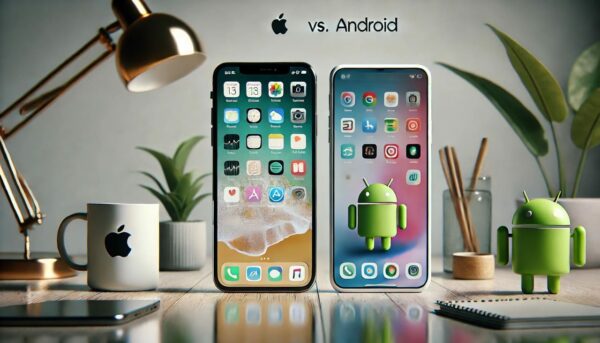 Apple vs. Android – Smartphones im direkten Vergleich Apple vs. Android: Vergleich zweier Smartphones auf einem Schreibtisch, links ein iPhone, rechts ein Android-Gerät mit unterschiedlichen Interfaces.