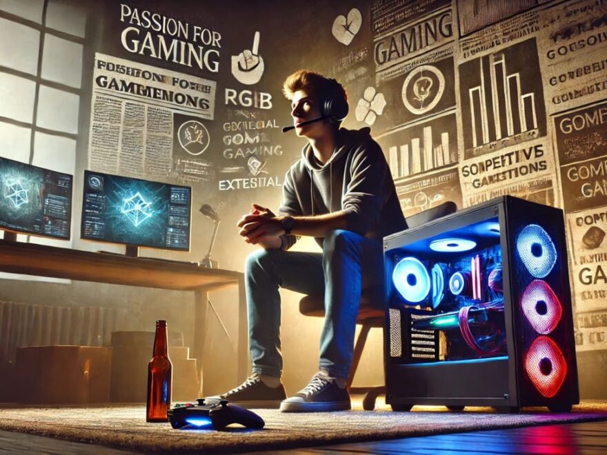 Ein Gamer in modernem Setup, mit einer Mischung aus Triumph und Frustration, im Hintergrund Hinweise auf gesellschaftliche Vorurteile.