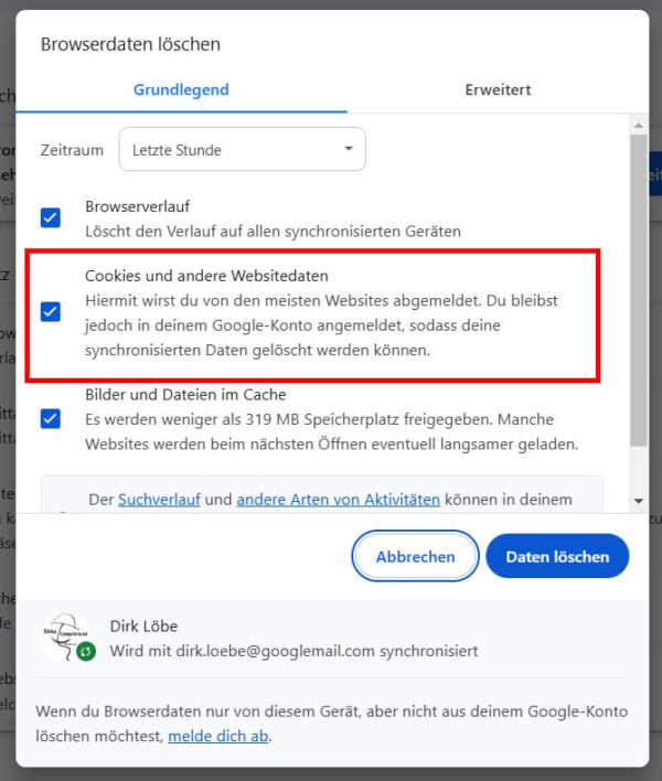 Chrome Cookies löschen: Schritt für Schritt erklärt Screenshot der Chrome-Option zum Löschen von Cookies und anderen Websitedaten im Dialog ‚Browserdaten löschen‘.