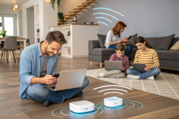 Vorteile eines Mesh-WLAN-Systems für Haushalte und Technikfans Familie und Technikbegeisterter nutzen stabilen WLAN-Zugang mit einem Mesh-WLAN-System in einem modernen Zuhause.