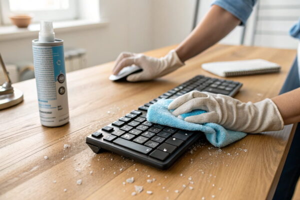 Tastatur reinigen – Tipps für staubfreie Tasten Person reinigt eine Tastatur mit einem Mikrofasertuch und Druckluft, um Staub und Schmutz zu entfernen.