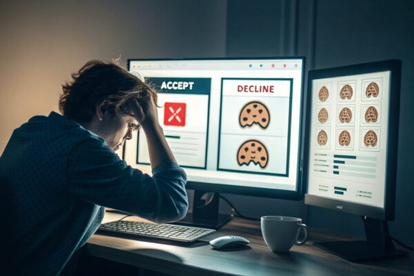 Was sind Dark Patterns? Definition und typische Beispiele Person vor Computer mit verwirrenden Pop-ups – Dark Patterns erklärt