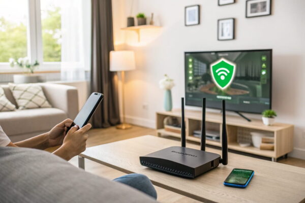 Smart-TV sicher mit WLAN verbunden – Router mit Schutzsymbol.