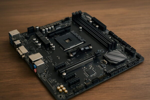 Was sind Mainboard-Größen und warum sie wichtig sind – Beispiel eines ATX-Mainboards ATX-Mainboard mit sichtbaren Anschlüssen und Komponenten auf Holzuntergrund