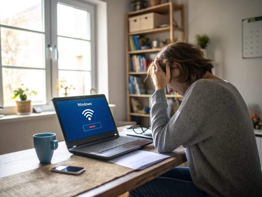 WLAN funktioniert nicht unter Windows – Nutzer prüft Netzwerkverbindung am Laptop mit sichtbarer Fehlermeldung im Heimnetzwerk