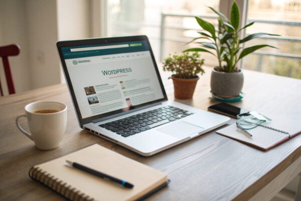 Arbeitsplatz mit Laptop und WordPress-Oberfläche – ideal zum Blog starten