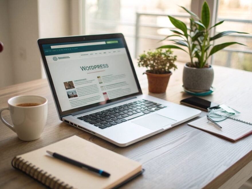 Arbeitsplatz mit Laptop und WordPress-Oberfläche – ideal zum Blog starten